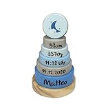 KIDSLINO Geburtsgeschenk Stapelturm Mond blau I Geschenk zur Geburt I Graviert I Stapelturm mit Namen & Geburtsdaten I Personalisierte Babygeschenke