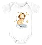 SpecialMe® Baby Body mit Namen Bedrucken Lassen Tier-Motive Nashorn Löwe Elefant Watercolor Kurzarm Bio Baumwolle Löwe weiß 0-3 Monate