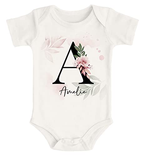 SpecialMe® Baby Body mit Namen personalisiert Monogramm Initiale Anfangsbuchstabe und Name Mädchen Kurzarm Kurzarm Bio Baumwolle Blumenhintergrund Natur 0-3 Monate