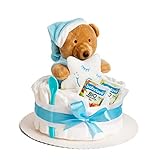 Windeltorte in Blau mit Kuscheltier für Junge, Pinkelparty Geschenke zur Geburt, Taufe oder Baby-Party - Geschenkidee mit neugeborene Windeln - Inklusive Glückwunschkarte