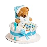 Windeltorte Junge in Blau mit Kuscheltier, Geschenke zur Geburt für die Mutter, Taufe oder Baby-Party - Geschenkidee mit neugeborene Windeln - Inklusive Glückwunschkarte