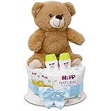 MilaBoo® Blau Windeltorte Junge mit kuscheligen kleinen Teddybär I hochwertiges Neugeborenen Geschenk mit Windeln und Produkten von Hipp I persönliches Babygeschenk zur Geburt