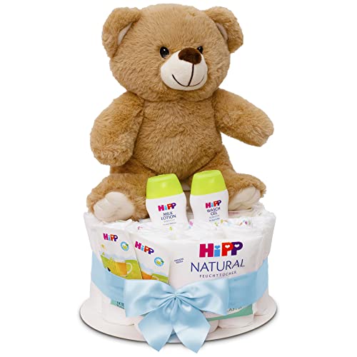 MilaBoo® Blau Windeltorte Junge mit kuscheligen kleinen Teddybär I hochwertiges Neugeborenen Geschenk mit Windeln und Produkten von Hipp I persönliches Babygeschenk zur Geburt