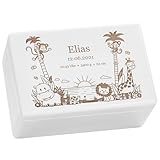 LAUBLUST Erinnerungsbox Baby Personalisiert - Dschungel - Geschenk zur Geburt | M - ca. 30x20x14cm, Holzkiste Weiß FSC®