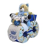 Windeltorte | Windelmotorrad Prinz mit Bär blau | Geschenk zur Geburt | Personalisiertes Windelgeschenk Junge