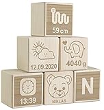 LAUBLUST 6er Set Holzwürfel mit Gravur - Teddybär, Natur - Personalisiertes Geschenk zur Geburt | Erinnerung & Deko