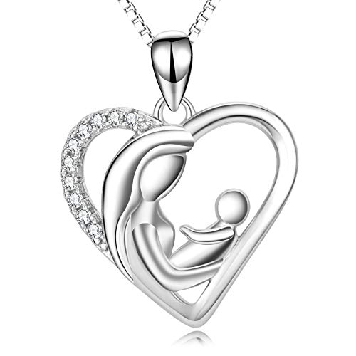 Sterling Silber Mutter und Kind Tochter Sohn Love Herz Anhänger Halskette Geschenk für Mama werdende Mutter