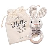 Mamimami Home Gehäkelte Babyrassel Häkeln Holz Greifling Baby Rassel Geschenk zur Geburt Handmade Junge und Mädchen,Geschenk zur Geburt(Hase)