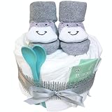 Windeltorte in grau für Mädchen oder Jungen mit süßen Babysocken und zwei Babylöffeln | Geschenk zur Geburt oder Babyparty | Tiersocken | Windelkönig ihre Windeltorten Manufaktur |