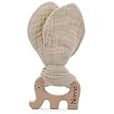 Baby HOLZ & STOFF Greifling personalisiert mit Namen | Mädchen & Jungen Lernspielzeug als Geschenk zur Geburt, Taufe | Beißring Elefant