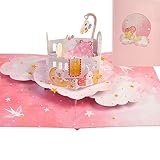Liebessa 3D Pop Up Karte Gratulation zur Mädchen-Geburt (Baby), Glückwunschkarte zur Tochter, Geburtskarte zur Mädchengeburt, Taufe, Handgemachte 3D Babykarte Rosa-Wiege