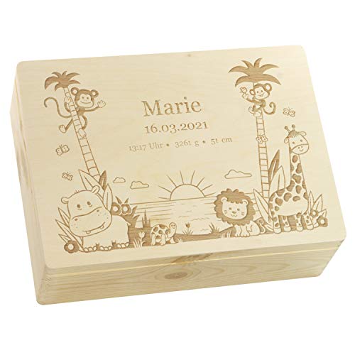 LAUBLUST Erinnerungsbox Baby Personalisiert - Dschungel - Geschenk zur Geburt | L - ca. 40x30x14cm, Holzkiste Natur FSC®
