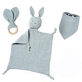 Funmo Geschenk zur Geburt Babygeschenke Set Schnuffeltuch, Lätzchen, Beißring Baby Neugeborenen Geschenk 100% Baumwolle für Mädchen und Junge(Hase Türkis)