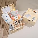 Youuys Baby Geschenk zur Geburt für Neugeborene, Baby Geschenk Junge und Mädchen, Holzkiste Baby Geschenkset, 8 in 1 Set-mit Musselin Tuch+Baumwolle Schmusetuch+Rassel+Geschenkkarte (Elefant)
