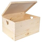 Creative Deco Holzkiste mit Deckel | 40 x 30 x 24 cm (+/-1cm) | Erinnerungsbox Baby Groß Holzbox Unlackiert Kasten | Herzförmigen Griffen | Für Dokumente Spielzeug Werkzeuge | ROH & UNGESCHLIFFEN