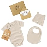 Räuberella® Baby Geschenk zur Geburt + Karte und Geschenkverpackung Strampler, Mütze und Lätzchen (Beige)
