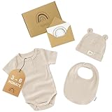 Räuberella® Baby Geschenk zur Geburt + Karte und Geschenkverpackung Strampler, Mütze und Lätzchen (Beige)