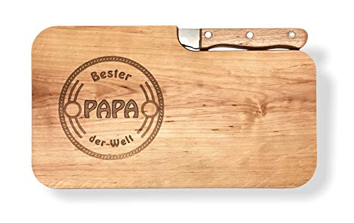 LASERHELD Brotzeitbrett Holz Erle Messer, Bester Papa der Welt, Geschenk Männer, Schneidbrett Holz, Geschenkidee für Papa
