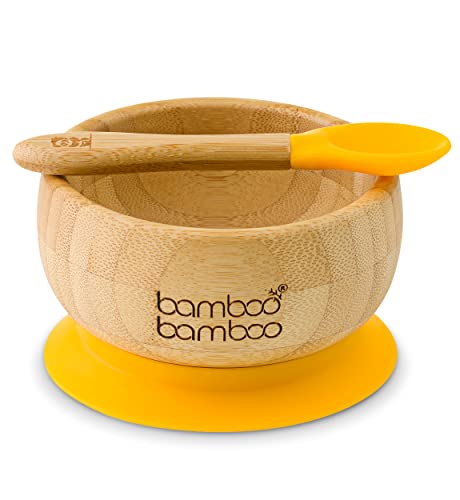 Bambus-Babyschale und Löffel-Set mit abnehmbarem, lebensmittelechtem Silikon-Saugnapf für Kinder - sicherer, stabiler, ungiftiger Saugnapf zum Selbstessen für Kleinkinder (11,8 Unzen)