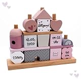 Steckspiel Haus rosa I Personalisierbares Geschenk zur Geburt Mädchen I Personalisierte Geschenke Baby I Motorikspielzeug bedruckt mit Name & Geburtsdaten