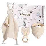 Yoocaa Baby Geschenk zur Geburt Junge & Mädchen - 100% Musselin-Baumwolle Schmusetuch, Lätzchen und Beißring Geschenke zur Geburt (Beige)