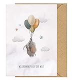 KOKO&LORA® Glückwunschkarte zur Geburt mit Umschlag 'Willkommen auf der Welt' • moderne Grußkarte mit niedlichen Aquarell-Tieren für Mädchen und Jungen & Kraftpapier-Kuvert - Geschenk zur Geburt