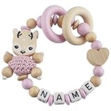 Baby Greifring personalisiert mit Namen | Mädchen Babyspielzeug & Lernspielzeug als Geschenk zur Geburt, Taufe | Reh in rosa