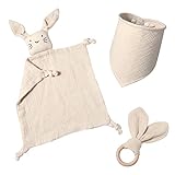 Yoocaa Baby Geschenk zur Geburt Junge & Mädchen - 100% Baumwolle Schmusetuch, Lätzchen und Beißring Geschenke zur Geburt (Beige)