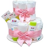 MilaBoo® 2-stöckige Windeltorte Mädchen mit Premiumprodukten von HIPP I Besonderes Geschenk zur Geburt I Persönliches Babygeschenk zur Taufe und Babyparty (rosa)