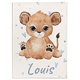 Personalisierte Babydecke mit Löwe, Name, Geburtsdatum und Motivfarbe - Weiche Fleecedecke - Baby Decke - Kuscheldecke mit Namen (Lion small Hearts)