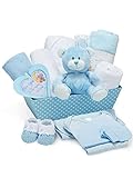 Baby Geschenkset und Erinnerungsbox - Blaues, von Hand Verpacktes Baby Geschenk Junge - Geschenkset Baby mit Teddybär, Babyschuhen, Strampler, Lätzchen, Mütze, Decke, Kapuzenhandtuch, Hängeschild