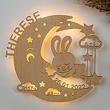 LAUBLUST Schlummerlicht Mond-Hase - Personalisiertes Baby-Geschenk zur Geburt & Taufe - LED Beleuchtung, für Kinderzimmer | Natur