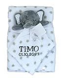 KIDDI-MEDIA Babydecke inklusive Trösterchen mit Name und Geburtsdatum Bestickt/kuschelig weich / 1A Qualität (Grau Elefant Sterne)