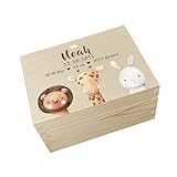 Personalisierte Erinnerungsbox Baby mit Hochwertigem Farbdruck - Individuelle Baby Erinnerungsbox - Niedliche Erinnerungskiste aus Holz - Tolles Geschenk zur Geburt (Alle Tiere)