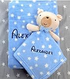 BotoBaby® GESCHENKSET Babydecke mit Namen und Datum Bestickt + Schmusetuch mit Namen ★ Geschenk ★Geburt ★ Taufe ★ (Blau - Teddybär)