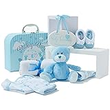 Baby Geschenkset für Jungen - von Hand Verpacktes Blaues Baby Geschenk Junge - Geschenkset Baby mit Koffer, Teddybär, Gestrickten Babyschuhen, Lätzchen, Mütze, Mullwindel und Schildchen zum Aufhängen