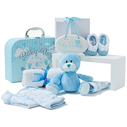 Baby-Geschenk-Set – Neugeborene Baby-Geschenke beinhalten Babykleidung, Musselin-Tücher, niedlichen blau Teddybär und hängende Plakette