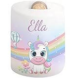 Süße Kinder Spardose mit Namen – Sparschwein für Mädchen & Jungen - Regenbogen-Motiv - personalisiertes Geschenk zur Einschulung, Geburt, Taufe, Geburtstag, Weihnachten - Geldgeschenk (Einhorn)