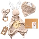 Mikito Baby Geschenk Junge & Mädchen/Neugeborenen mit Musselin Schnuffeltuch + Beißring + Lätzchen + Baby Holzschild/Baby Set als zur Geburt