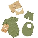 Räuberella® Baby Geschenk zur Geburt + Karte und Geschenkverpackung Strampler, Mütze und Lätzchen (Oliv)
