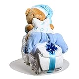 Windeltorte Junge in Blau - Motorrad mit Kuscheltier, Geschenke zur Geburt für die Mutter, Taufe oder Baby-Party - Geschenkidee mit neugeborene Windeln - Inklusive Glückwunschkarte