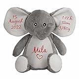 mamir home Elefant Baby Geschenk Kuscheltier personalisiert mit Name & Geburtsdaten I 28cm I Geschenkidee zur Geburt I Taufe, Geburtstag & Weihnachten