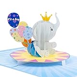 LIMAH® Pop-up 3D Karte zur Geburt für Jungen - Glückwunschkarte, Geburtskarte passend zum Geschenk, Gutschein oder Geldgeschenk für Neugeborene, its a Boy - Motiv Baby Elefant mit Luftballons in Blau