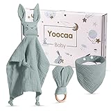 Yoocaa Baby Geschenk zur Geburt Junge & Mädchen - 100% Musselin-Baumwolle Schmusetuch, Lätzchen und Beißring Geschenke zur Geburt (Mint)