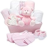 Baby Geschenkset und Erinnerungsbox - Rosa, Handverpacktes Geschenk zur Geburt Mädchen - mit Teddybär, Babyschuhen, Strampler, Lätzchen, Mütze, Decke, Kapuzenhandtuch, Hängeschild