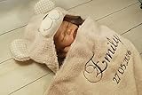 Babydecke mit Namen und Datum bestickt - Baby Geschenke Geburt - süße Tiere - (Beige - Teddybär)