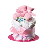 Windeltorte Mädchen in Rosa mit Babysocken, Geschenke zur Geburt für die Mutter, Taufe oder Baby-Party - Geschenkidee mit neugeborene Windeln - Inklusive Glückwunschkarte