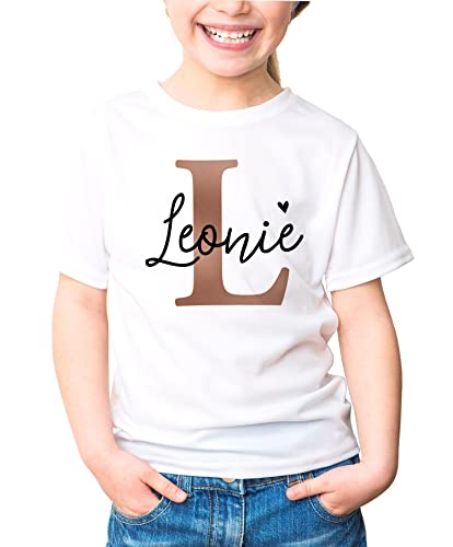 SpecialMe® Kinder T-Shirt Name personalisiert Initiale Anfangsbuchstabe Kupferoptik Namensgeschenke Mädchen weiß 98-104 (3-4 Jahre)