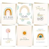6 x Hochwertige Karte zur Geburt - Glückwunschkarte Geburt für Mädchen und Jungen - Süße Geburtskarten für Baby als 6er Set mit Umschlägen aus Kraftpapier