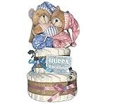 dubistda© Windeltorte Zwillinge Bärengeschwister inkl. 2x Spieluhr Teddybär - Geschenk für Zwillinge zur Geburt - inkl. 2 süßen Spieluhren / 50-teilig (rosa/blau)